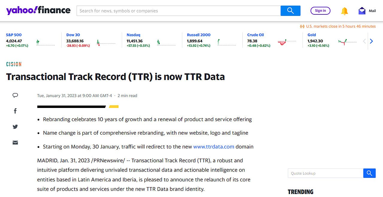 Transactional Track Record (TTR) is now TTR Data